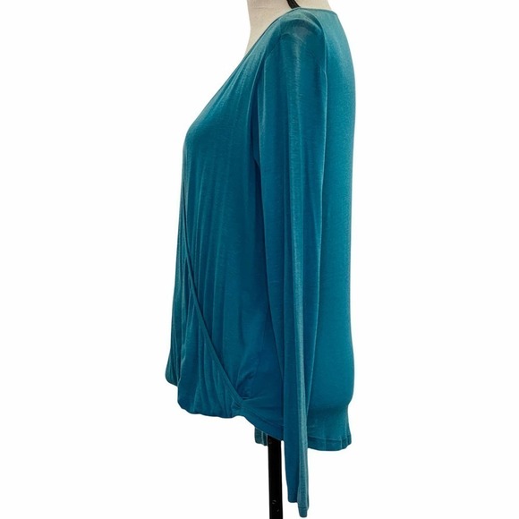 GILLIO Teal Blue Drapey Surplice Faux-Wrap Long Sleeve Blouse Small - Picture 3 of 12